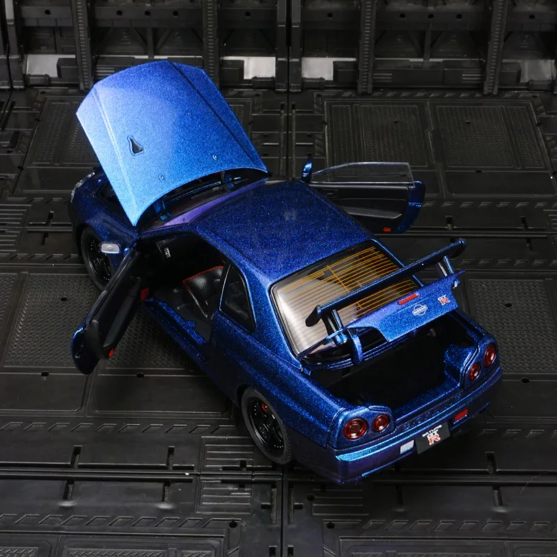 1:24 Nissan GT-R R34 Skyline modelo de carro em liga metálica, portas e capô do motor, porta-malas pode ser aberto, brinquedos para meninos