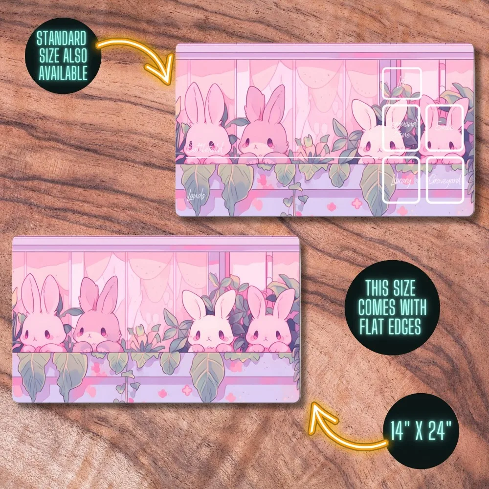 MTG Playmat with Zones, Pastel Lofi Bunny Themed TCG Playmat, Unofficial MTG Playmat, Trading Card Game Accessories