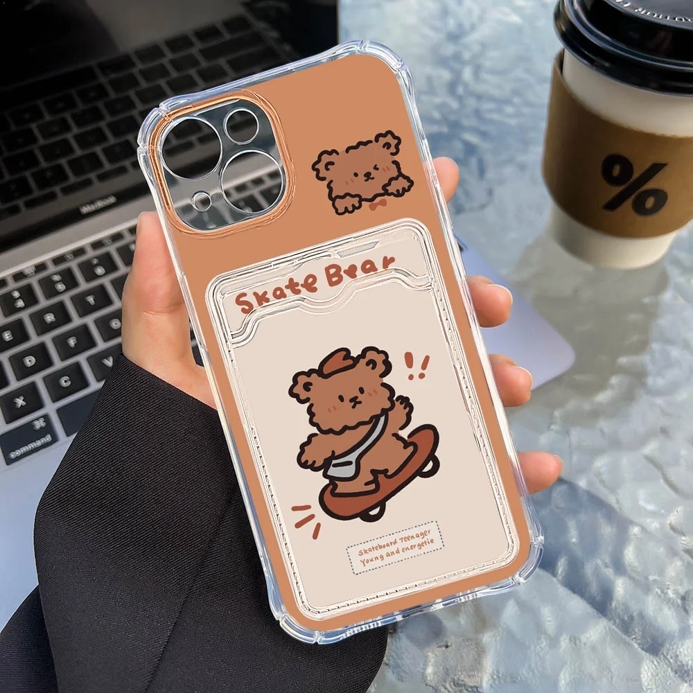 Cute Bear Clear Wallet Phone Case For iPhone 16 Pro Max 16 15 Plus 16 15 11 Pro 14 13 12  X XS XR Cover Sockproof Protective