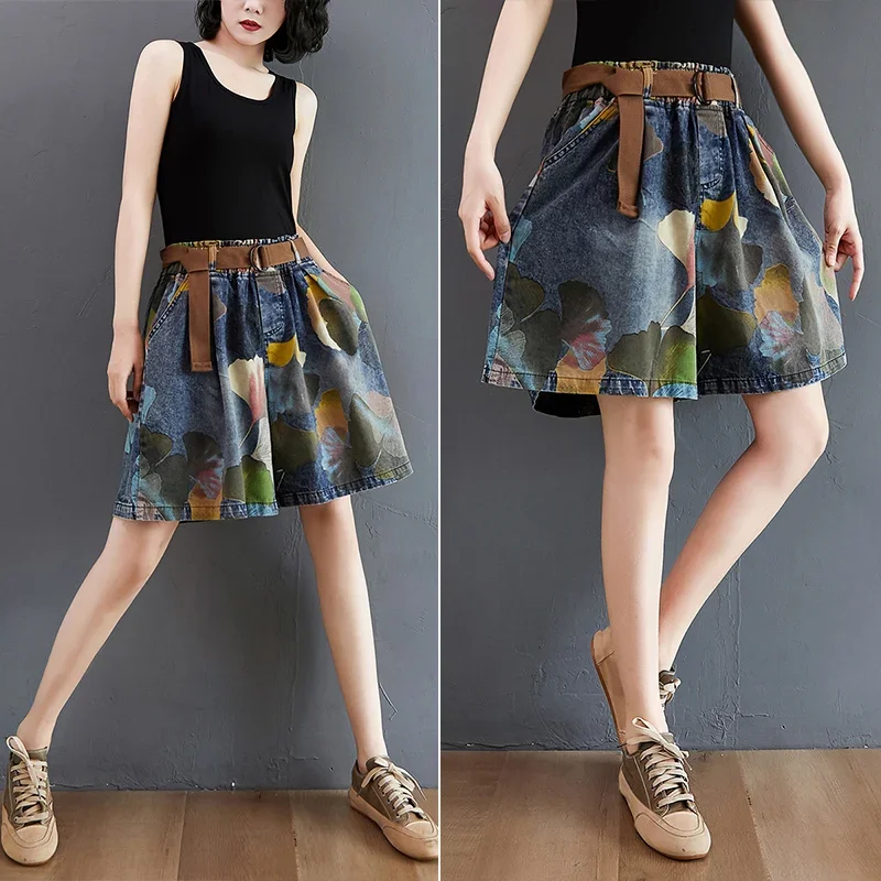 Women High Quality Large Size Loose Printed Denim Shorts Casual Oversize Summer Retro Wide Leg Pants