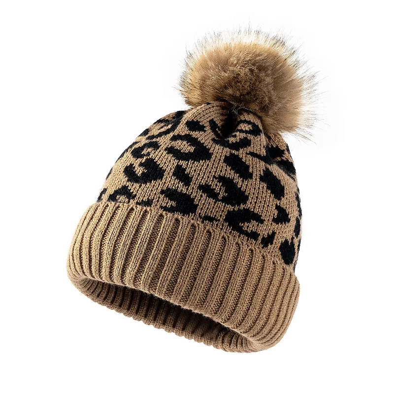 Wollknäuel-Strickmütze mit Leopardenmuster und gekräuselten Kanten für Damenwärme im Freien, verdickte Wollmütze für Herbst und Winter