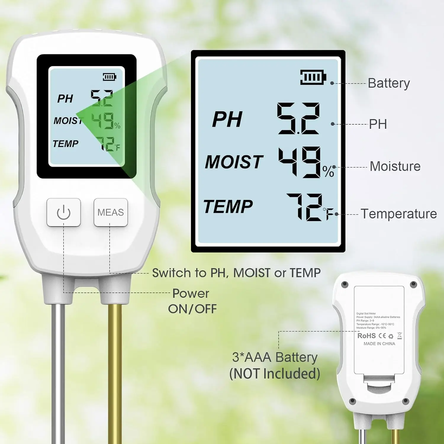 Medidor de suelo Digital LCD 3 en 1, probador de PH/humedad/temperatura de suelo con retroiluminación para plantas de casa, jardín, granja de césped