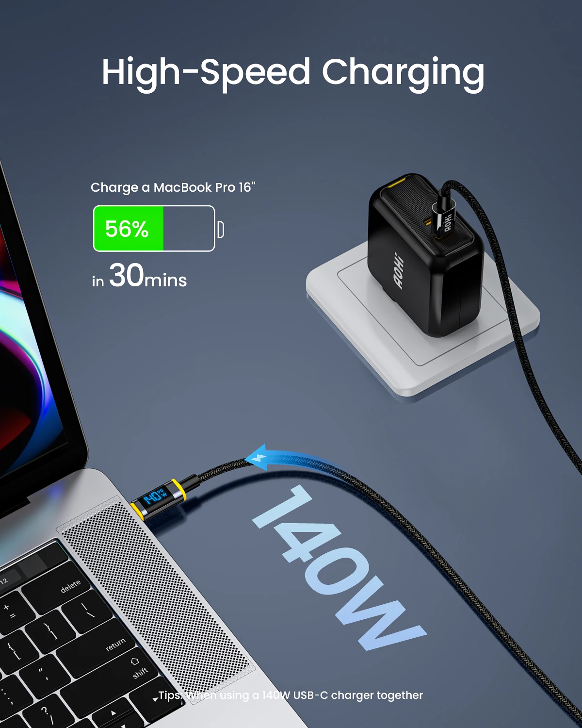 AOHI Magline+140W Nylon USB C to USB C LED Digital Display Cable 4ft