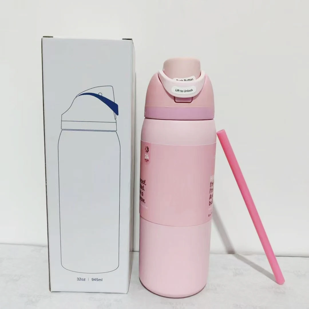 

New 32oz 24oz Pink Thermos Cup Vacuum Insulated Cup OwalaMug Stainless Steel Iced Coffee Cup Water Cup Sports Water Bottle Car