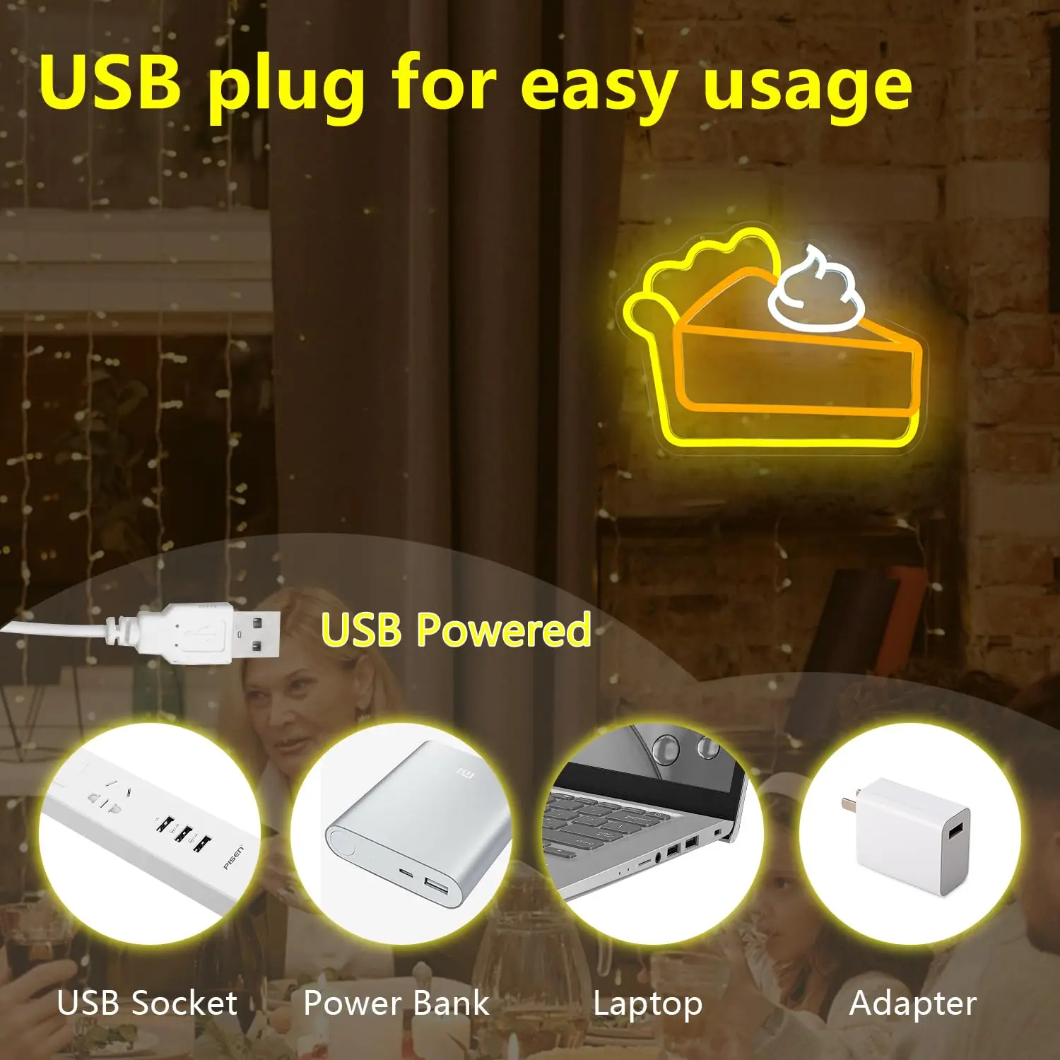 Pumpkin Pie LED Neon Sign Thanksgiving Dimmable Cake Light Up for Wall Decor for Business Party Restaurant Coffee Fireplace