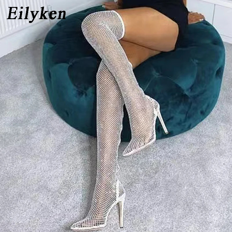 Eilyken Design Crystal Rhinestone Mesh Stretch Fabric Sexy High Heels Sock Over-the-Knee Boots PVC Transparent Pointed Toe Shoes