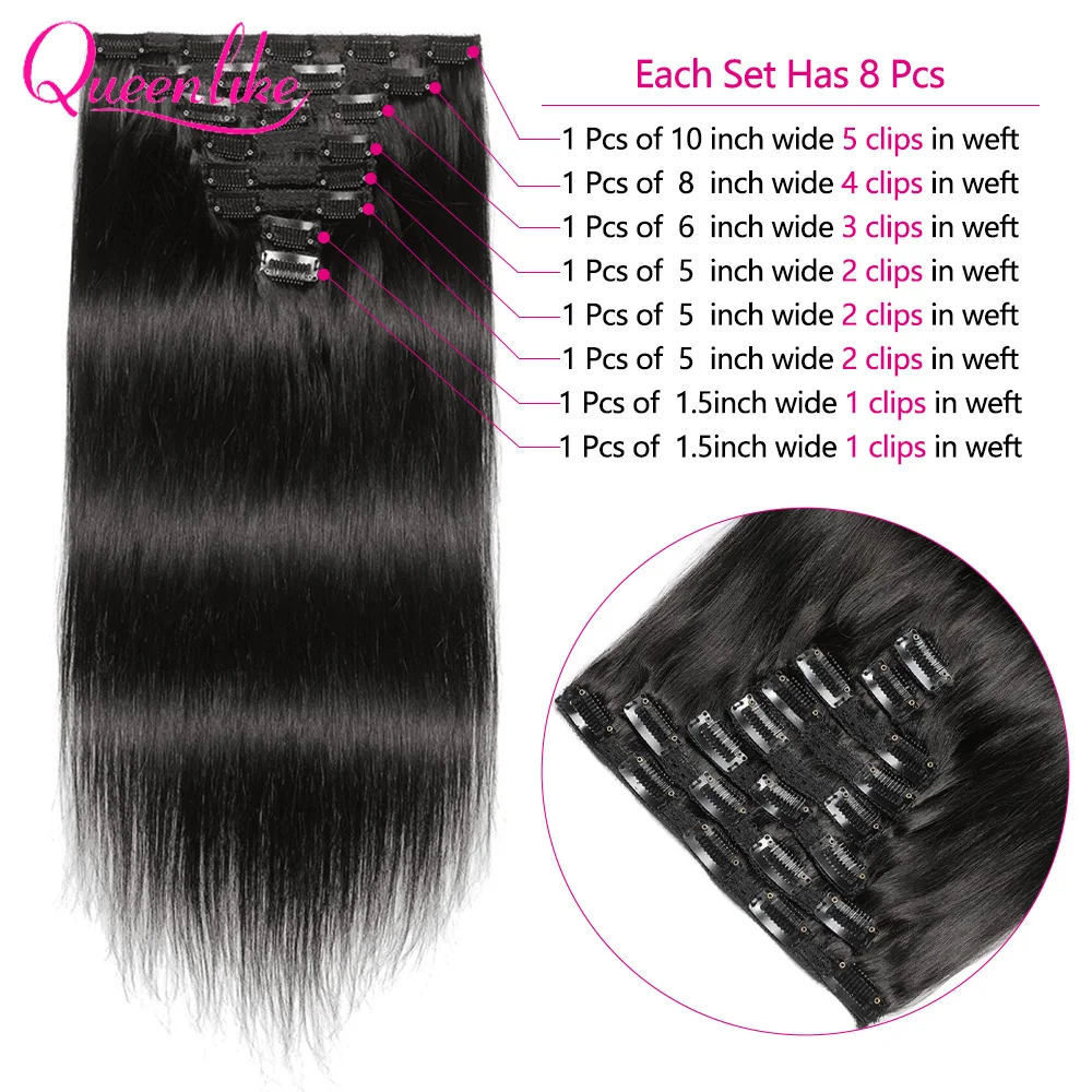 Grampo em extensões do cabelo humano para mulheres, corpo reto, encaracolado Kinky, cabelo humano real de 100%, cabelo preto natural do Remy