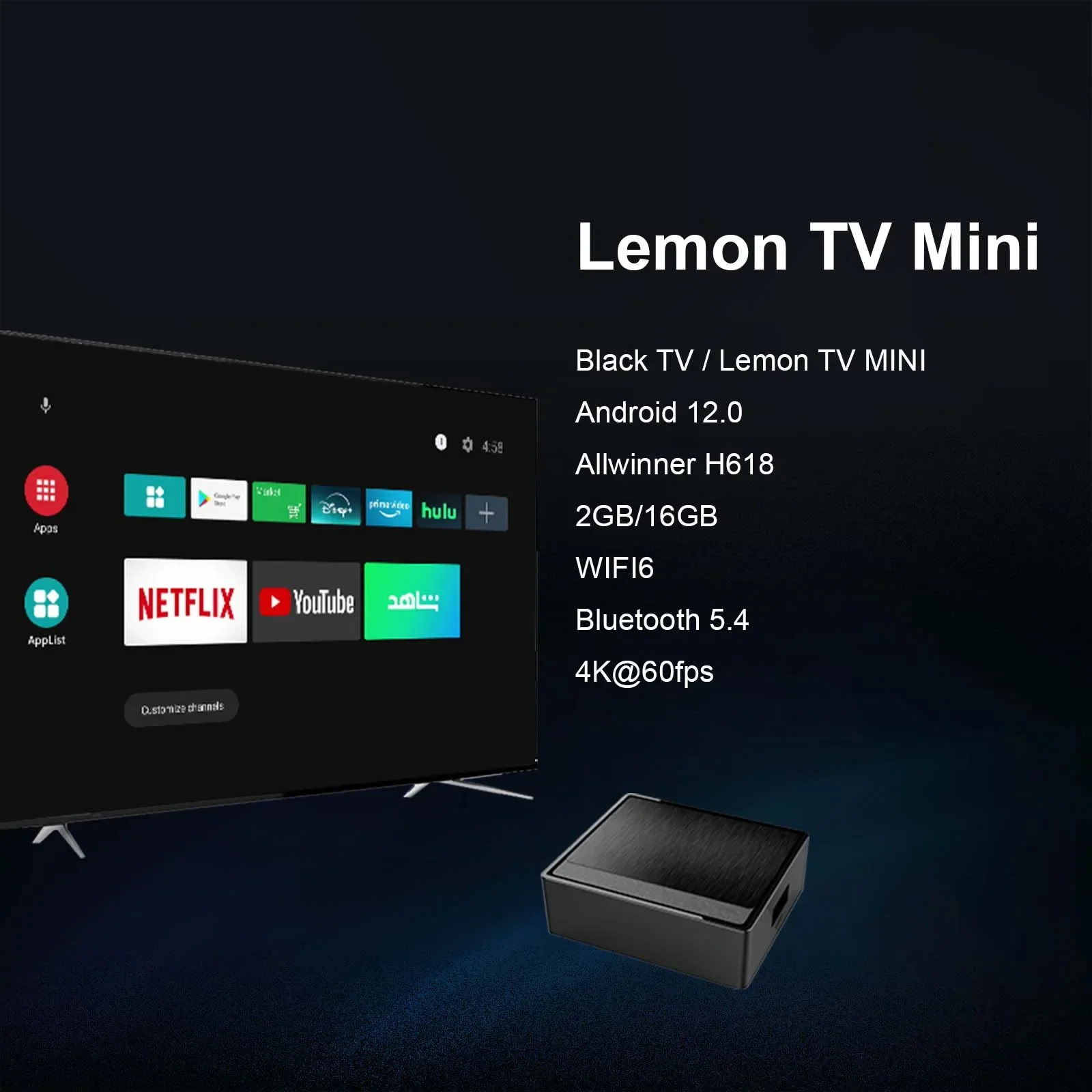 BOXPUT Lemon Mini TV Box Android 12 Allwinner H618 4K HDR Media Player Dual‑Band WiFi 2.4G 5G Bluetooth 5.4 Voice Remote Control