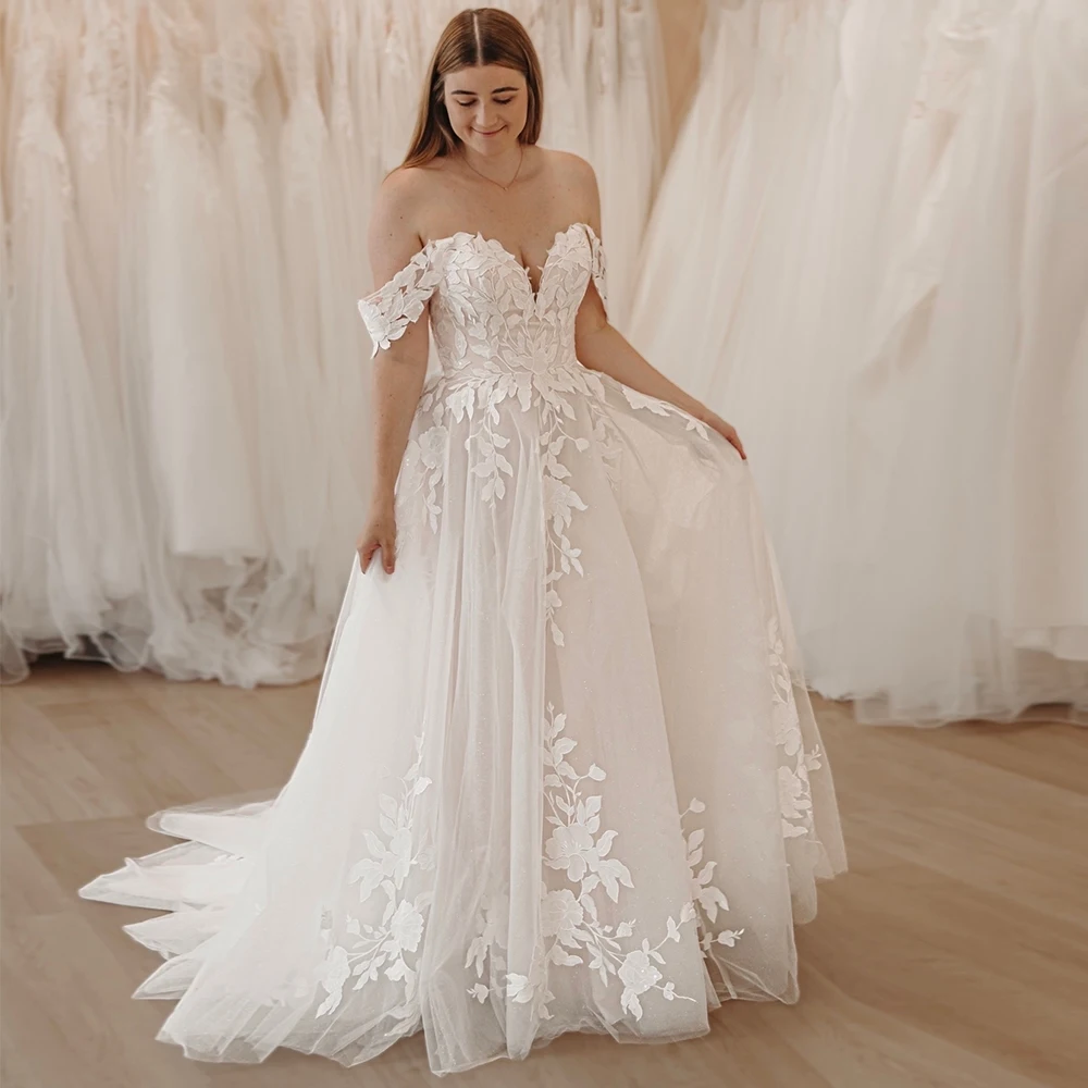 Exquisite Off Shoulder Ivory Wedding Dresses for Women 2024 Soft Tulle Bridal Gowns with Lace New Summer Vestido De Novia