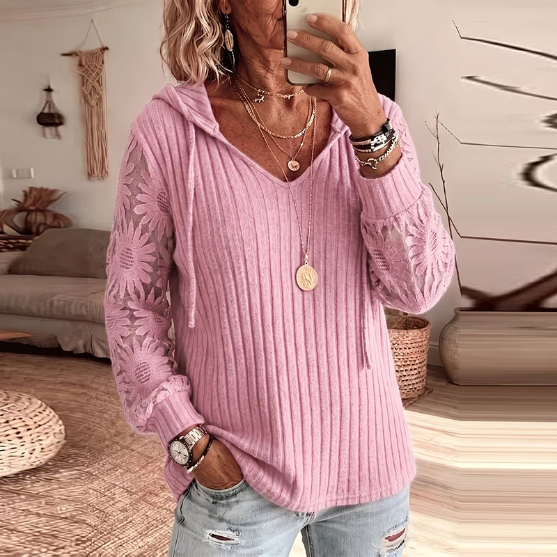 New Fashion Women Tshirts Drawstring Hooded Long Sleeve Tops Tee Lace Ribbed Knitted Casual Loose Women T Shirt Lady Pullovers