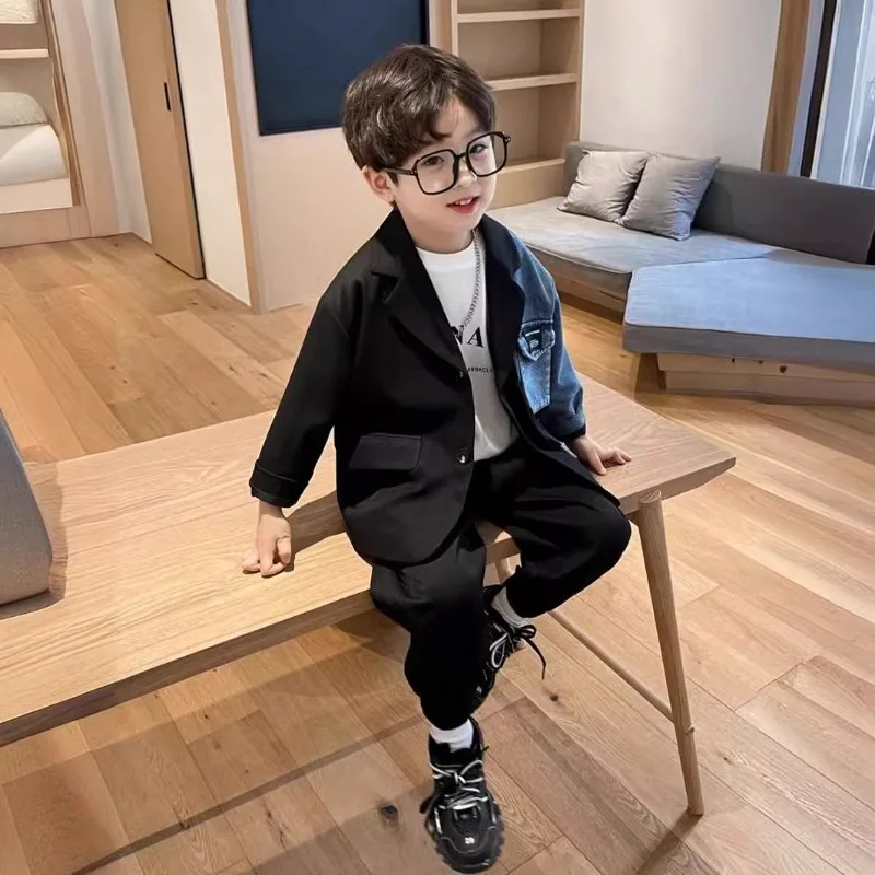 Boys' Suit Suit Spring and Autumn 2025 New Children's Handsome Splicing Denim Personalized Casual Two-piece Set