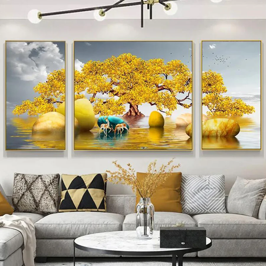 Diy Diamond Painting New Arrival 3 Piece Set Golden Tree Deer Full Rhinestone Drill Mosaic Embroidery Animal Home Decor AA4342