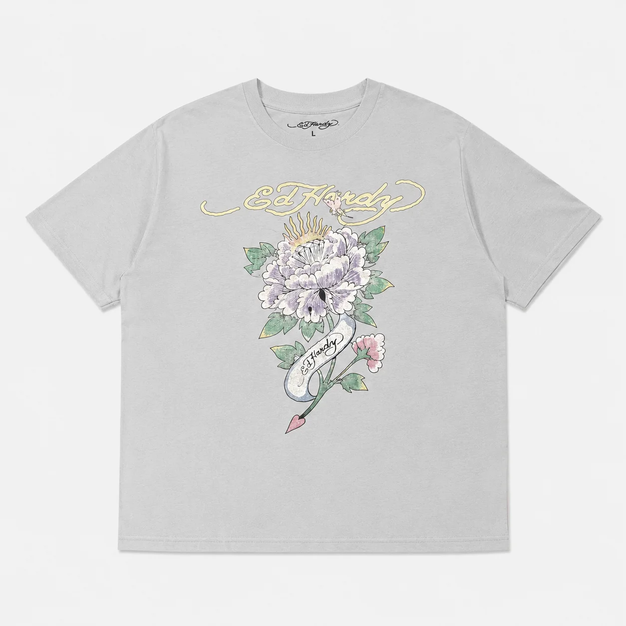 Ed Hardy Lila Pfingstrosenblüten-Herz-Pfeil-Banner-Print T-Shirt Unisex Locker Geschnitten Übergroß Harajuku Streetwear Baumwolle Sommer Grafik – Detail 5