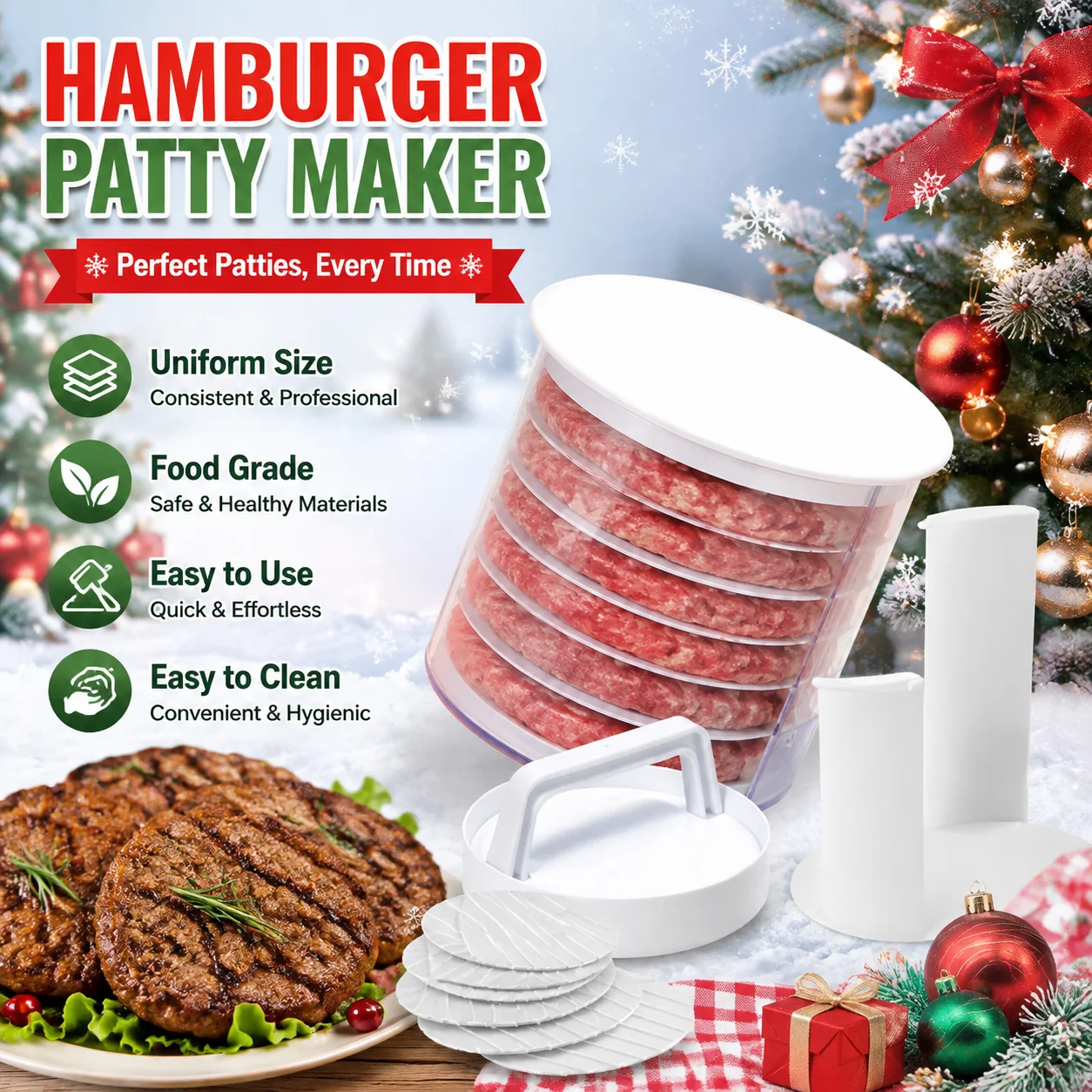 Multi-Layer Burger Patty Maker with Storage Container, Non-Stick Beef Press Mold, Freezable Hamburger Patty Box for BBQ Camping