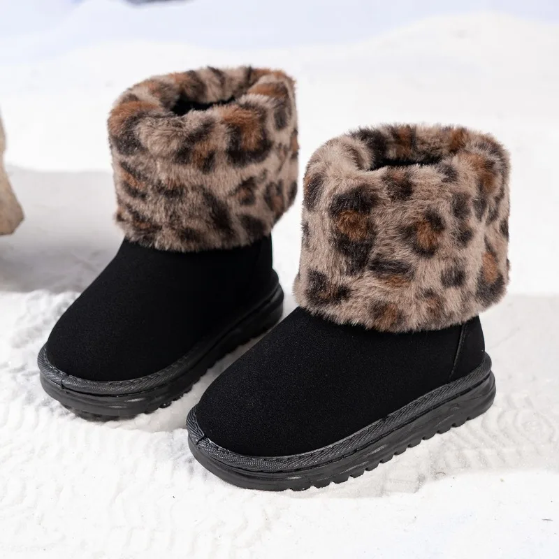 

2025 Winter High Quality Fashion Short Fleece Leopard Pattern Daily Children's High Quality Round Head Snow Boots