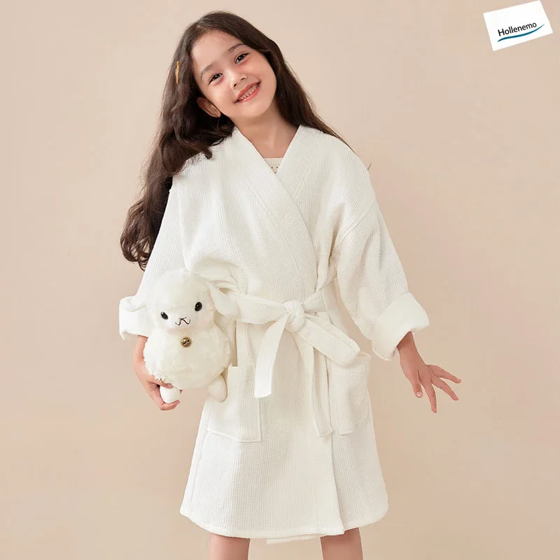 Kids Waffle Bathrobe 100% Cotton Terry With Belt Pockets V‑Neck Turn‑Up Cuffs Soft Absorbent Sleepwear For Girls Home Bath Wear