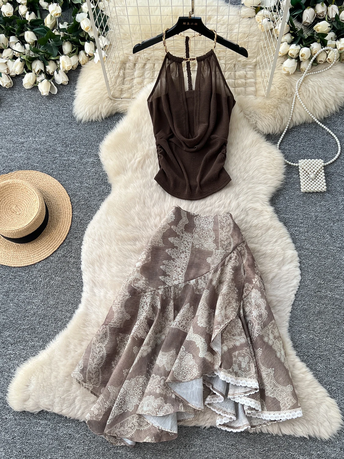 Vacation Style Sleeveless Neck Hanging Vest Floral Print Asymmetrical  Skirt Women's Autumn Slimming Commute Pure Desire ...