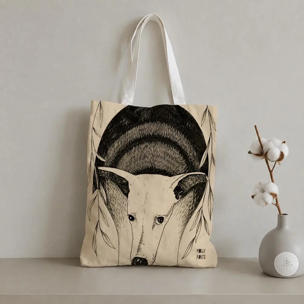 Molly Route Woodland Animal Ink Art Storage Bags 1pc Canvas Tote Bag Reusable Shopping Shoulder Bag For Women Daily Use