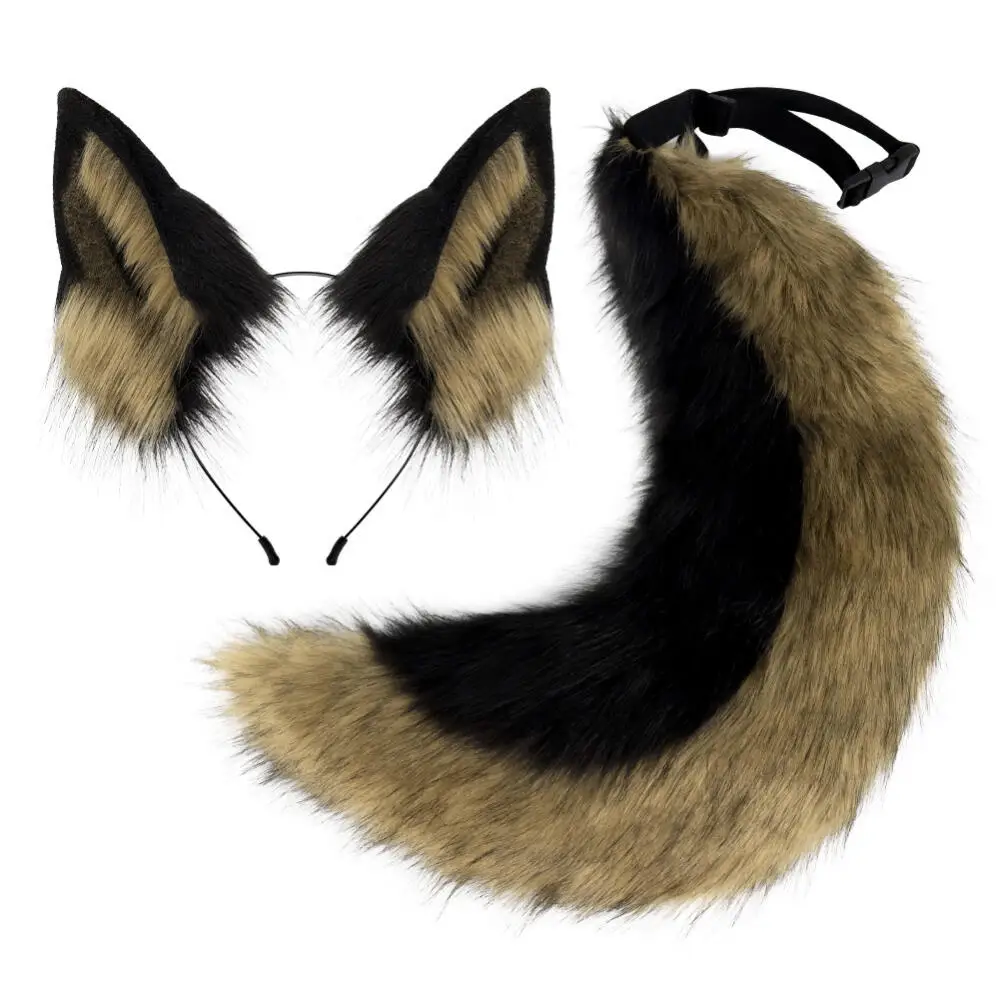 Animal Cosplay Headwear and Tail 2PCS Set Beast Cosplay Ears Wolf Fox Dog Bear Cos Hair Hoop Dog Tail Prop Halloween Accessory