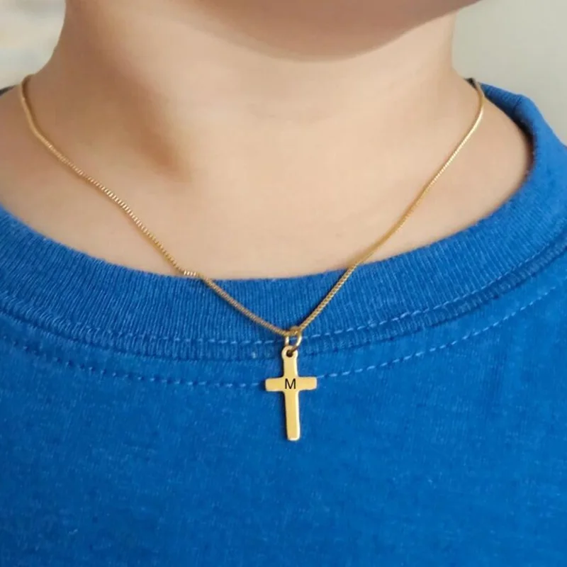 18k Gold Plated Stainless Steel Letter Cross Pendant Necklace For Boys Girls Kids Children Jewelry