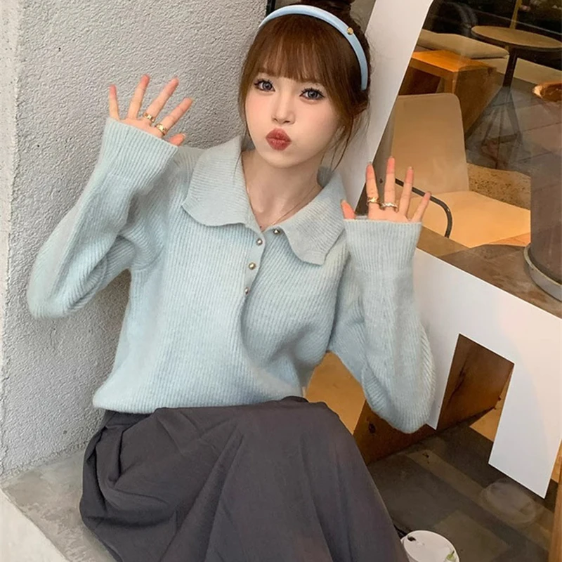2026 Chic Turn Down Collar Knitted Sweaters Women Button Up Solid Color Sweater Pullovers Woman Korean Long Sleeve Jumpers Mujer