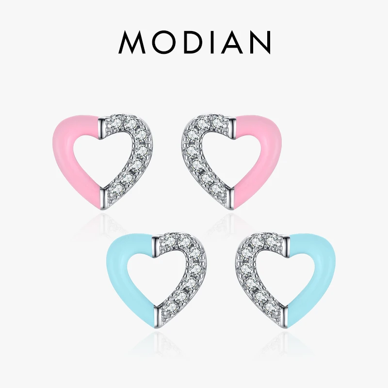 Modian 925 Sterling Silver Simple Hearts Ear Studs Cute Pink Blue Enamel Stud Earrings For Women Unique Design Fine Jewelry Gift