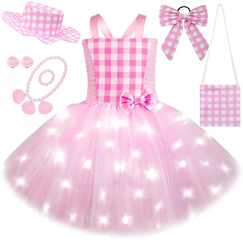 

Розовый костюм Барби со светодиодной подсветкой, балетные пачки для девочек, платья принцессы, нарядный праздничный наряд, детская новогодняя одежда на день рождения