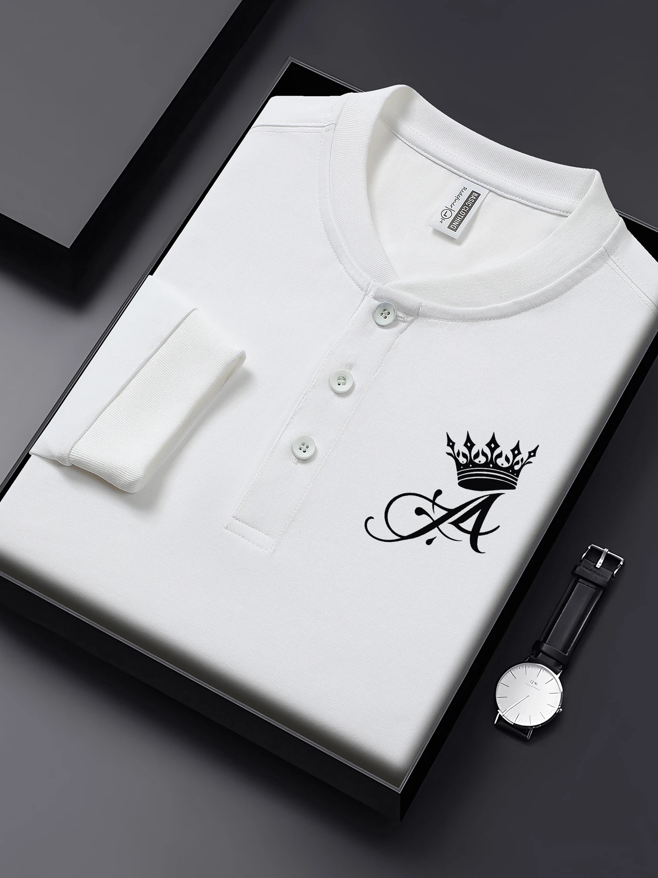 

Базовая рубашка с простым принтом Crown Letter, мужские хлопковые повседневные футболки, свободные Henley с длинными рукавами, осенняя одежда с вырезом Генри