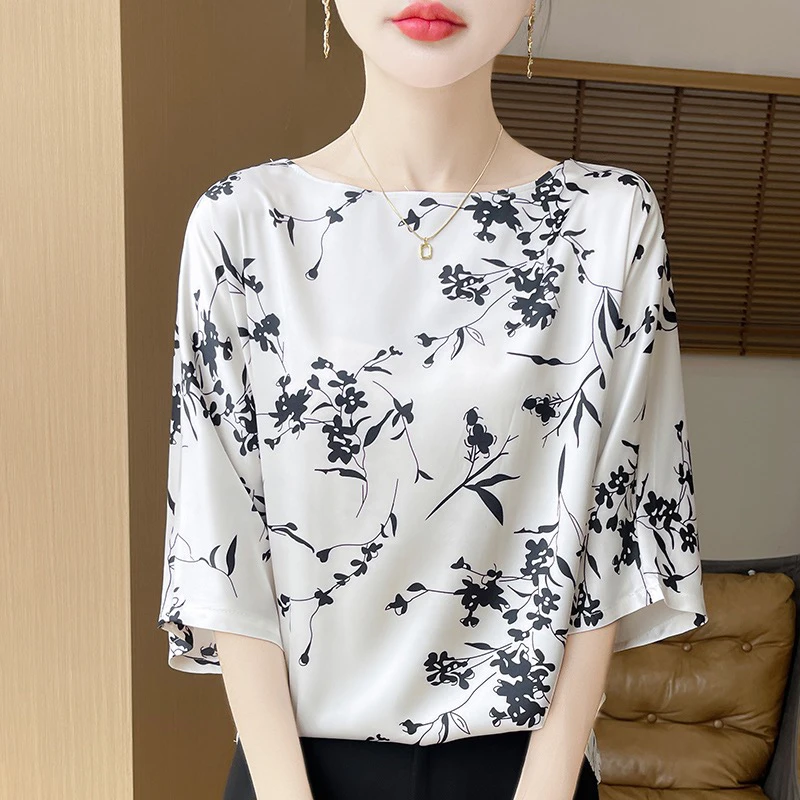 

Летний новый винтажный топ из шелкового атласа с принтом в стиле тушевой живописи, на одно плечо, из ледяного шелка, тонкий, премиум-класса