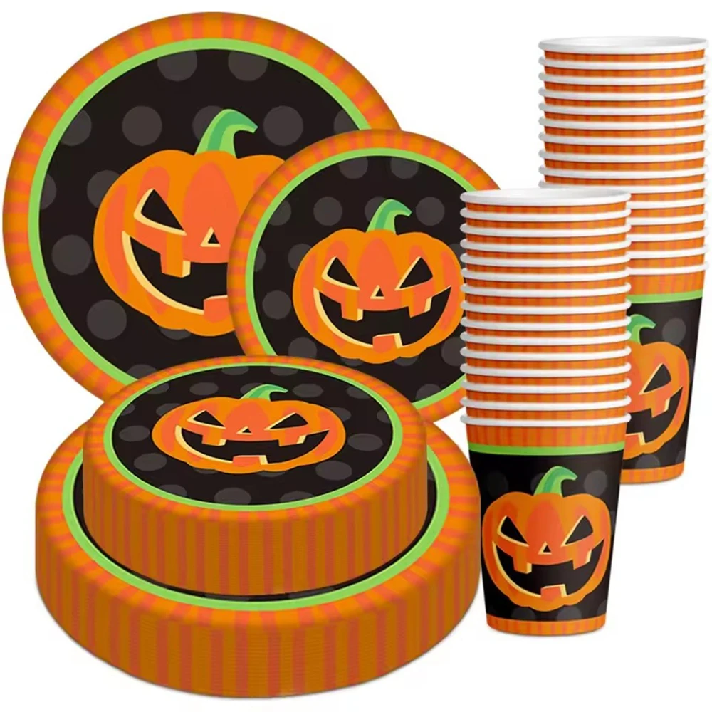

2025 10sets Halloween Decoration Pumpkin Paper Cups Paper Plate Set Holiday Desktop Decoration Party Supplies
