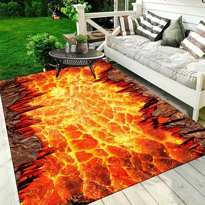 Tapis Illusion Optique Effet Lave Volcanique Fissurée, Tapis Créatif Antidérapant Effet Roche Ardente pour Décoration de Cour Extérieure