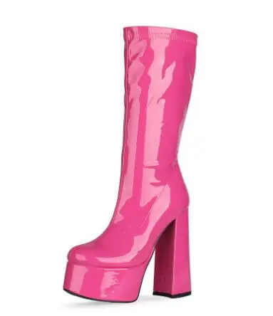 السماء الزرقاء الساخن الوردي الأصفر براءات الاختراع والجلود جولة تو منصة حذاء بكعب سميك سليم حذاء برقبة للركبة النساء فاسق عالية الكعب أحذية طويلة