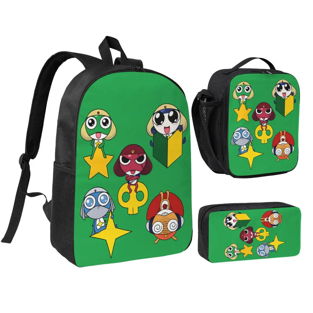 Juego de 3 mochilas escolares con estampado de Keroro para niños y niñas, con estuche para lápices, lonchera y mochila para estudiantes.