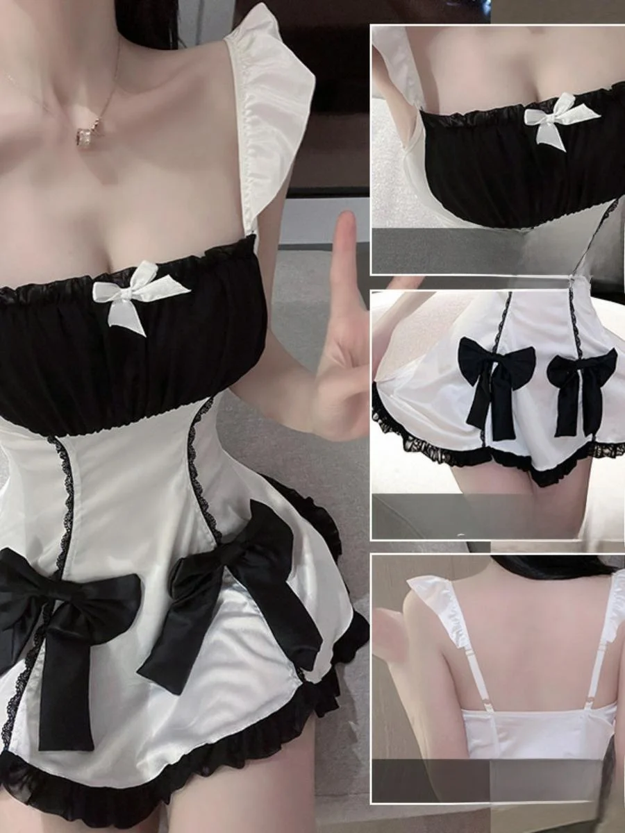 サテン×レースのメイド風コルセットドレス:バンドゥ&フレアスカート