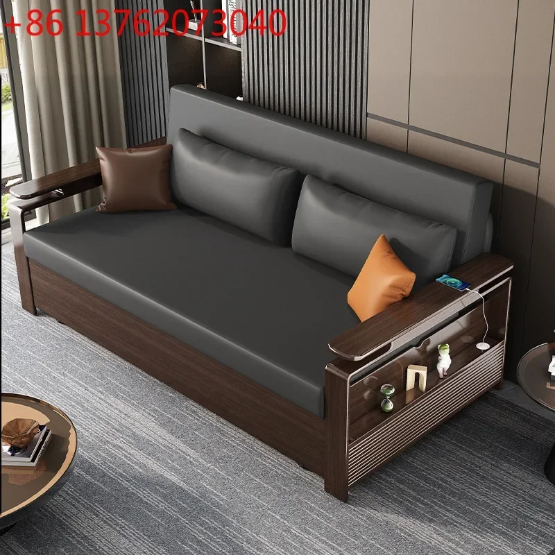 New solid wood sofa bed sitting and lying dual-purpose foldable push-pull multi-function