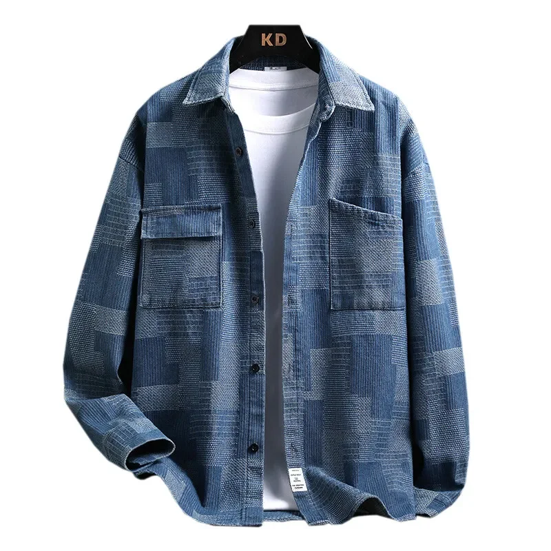 

Trendy Men's Denim Shirt Skin-friendly and Breathable Color-block Lapel Long-sleeve Casual Shirt Comfortable Men's Versatile Top