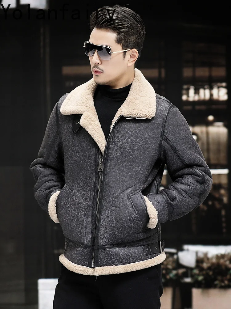 YOLANFAIRY chaquetas de cuero auténtico para hombre abrigo de piel Natural cálido de invierno ropa de hombre chaqueta de piel de cuero genuino de moda abrigos masculinos