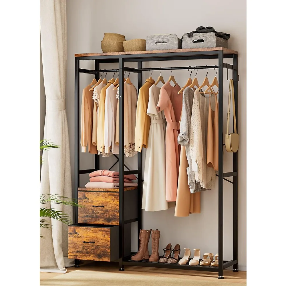 

Heavy Duty Garment Rack for Hanging Clothes 2 Fabric Drawers Bedroom Clothes Cabinet Rustic Brown 4 Hooks Wardrobe Closet Room