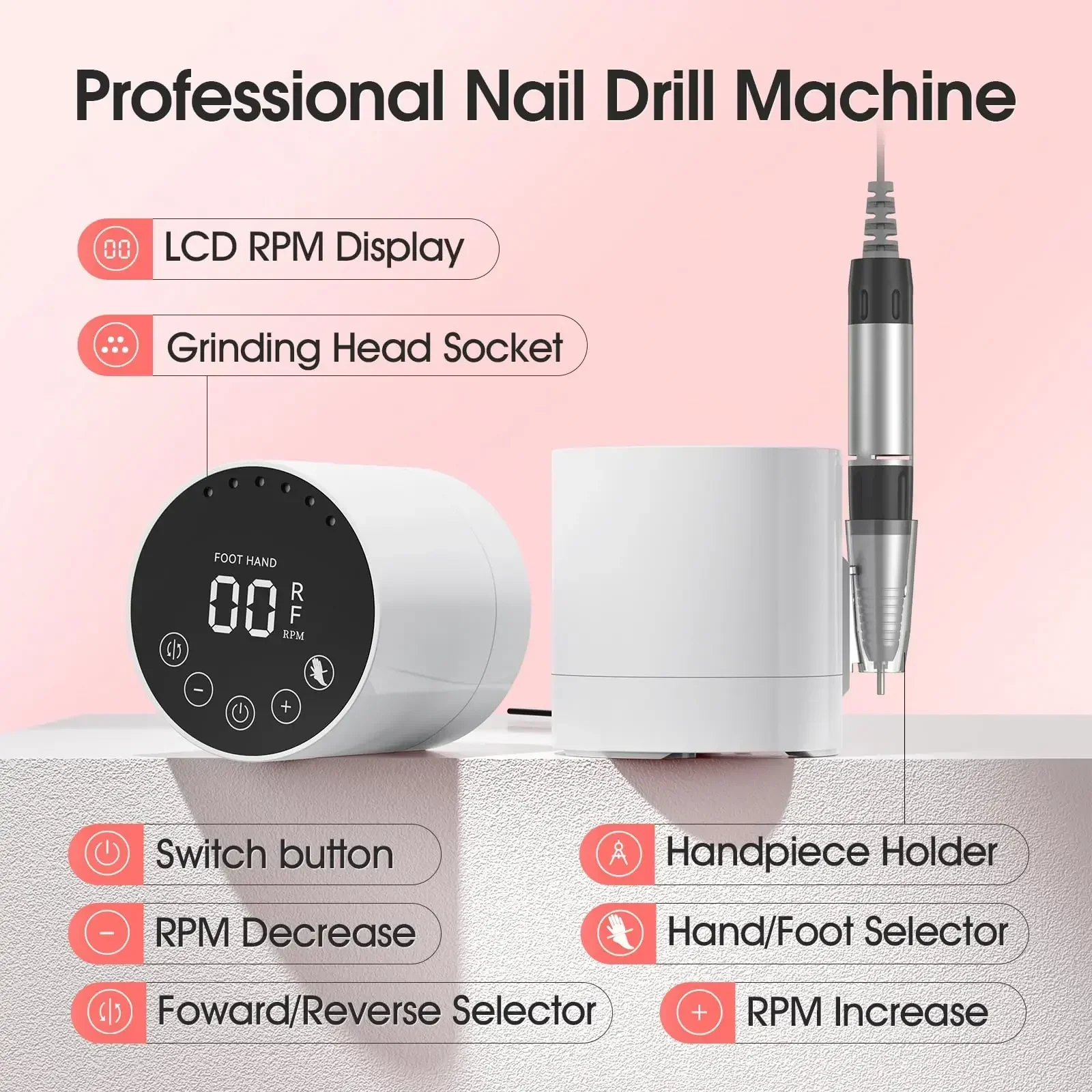 35000RPM Electric Nail, 50W Nail Drill Machine, with Foot Pedal Pedicure File for Acrylic Gel Nails Removal Manicure Salon tools