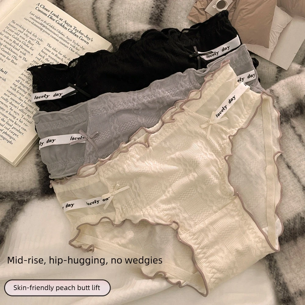 French Girl Sexy Semi-Transparent Cotton Crotch Ladies' Triangle Pants with Letter Bowknot Simple Cute Underwear for Women
