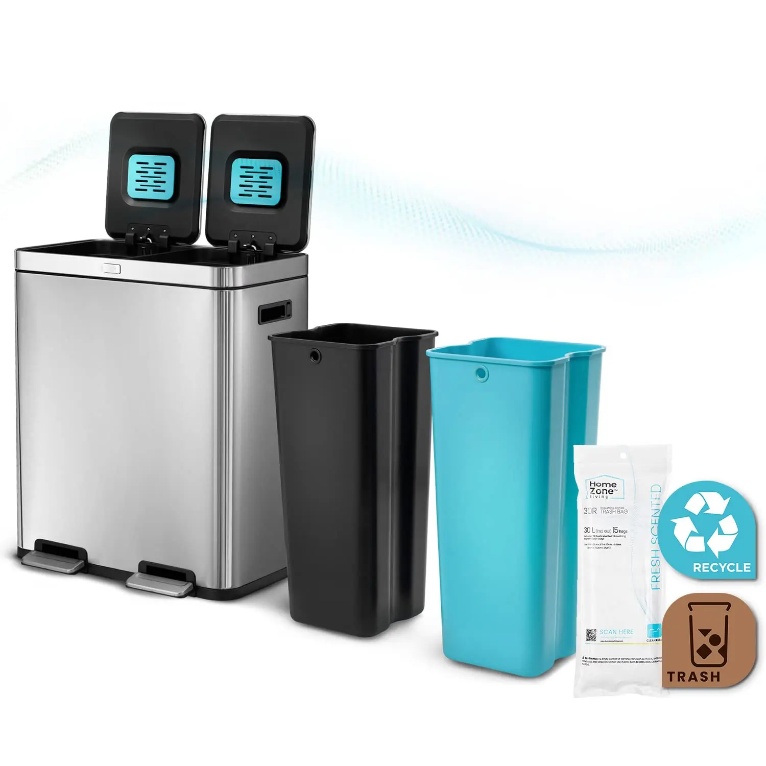 16-Gallonen-Küchenmülleimer mit zwei Fächern zum Recycling, CleanAura-Geruchskontrolle, Edelstahl, Silber, insgesamt 60 Liter