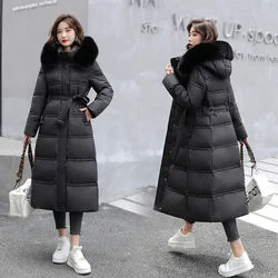 2023 Winter neue Daunen Baumwolle Parkas Jacke Frauen x-lang über dem Knie großen Haar Kragen koreanische Version Schlankheit gürtel Parkas Jacke