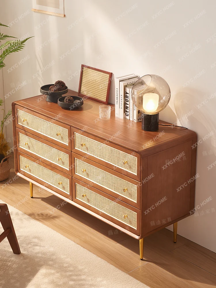 Nordic Solid Wood Rattan Three-Bucket Cabinet Bedroom Locker Drawer Storage Cabinet Household Six Buckets