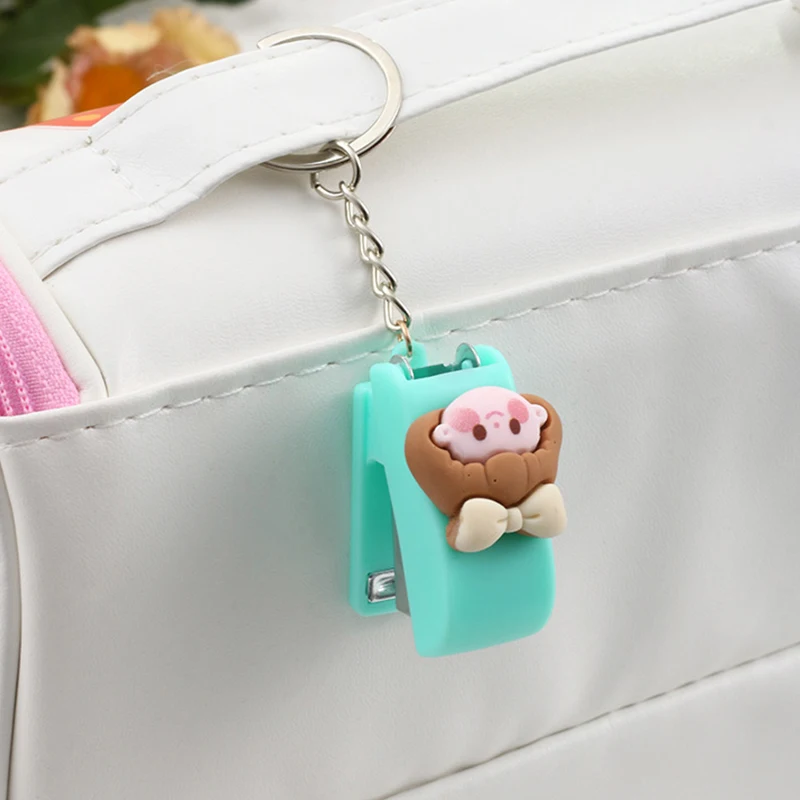 Macaron Color Cute Cartoon Mini Stapler Key Chain Student Creative stapler Convenient Key Ring Pendant 1 Pc