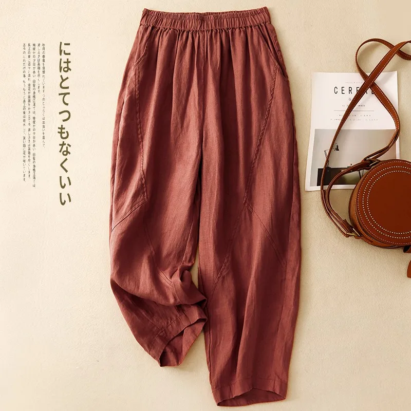 

2024 Spring Summer Arts Style Women Elastic Waist Solid Cotton Linen Loose Ankle-length Pants All-matched Casual Harem Pants