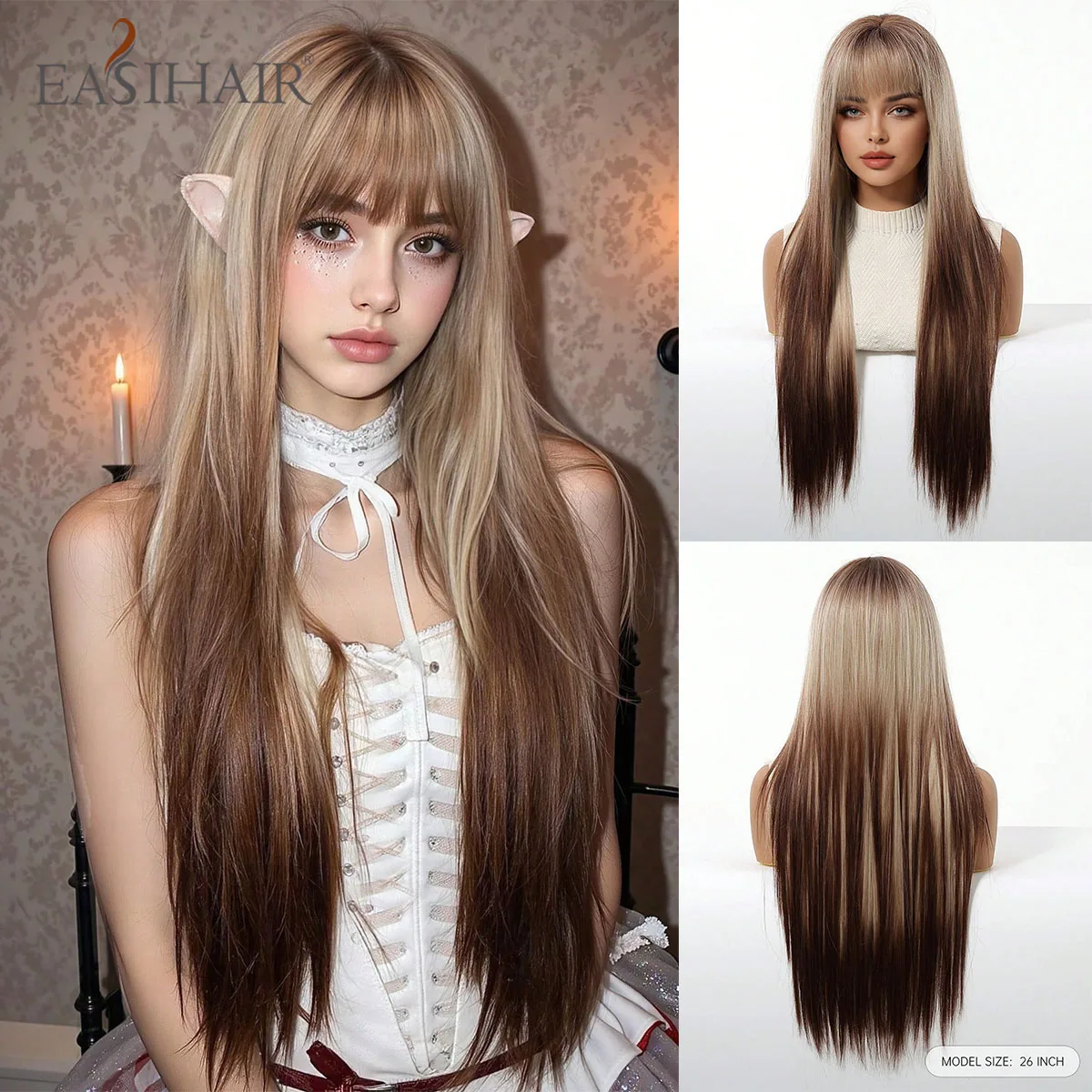 

EASIHAIR Long Straight Synthetic Wigs for Women Ombre Blonde Brown Wigs With Bangs Daily Cosplay Heat Resistant Natural Wigs