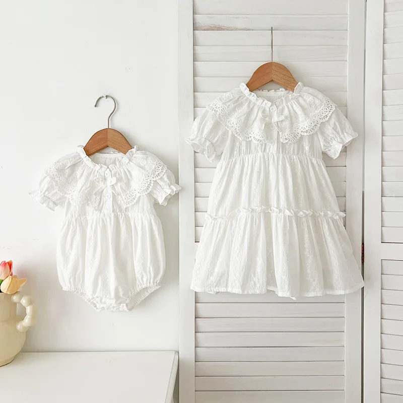 Infant Sisters Dress Summer Kids Princess Dresses Short Sleeved Cotton White Newborn Toddler Romper Spanish Baby Girl Clothes