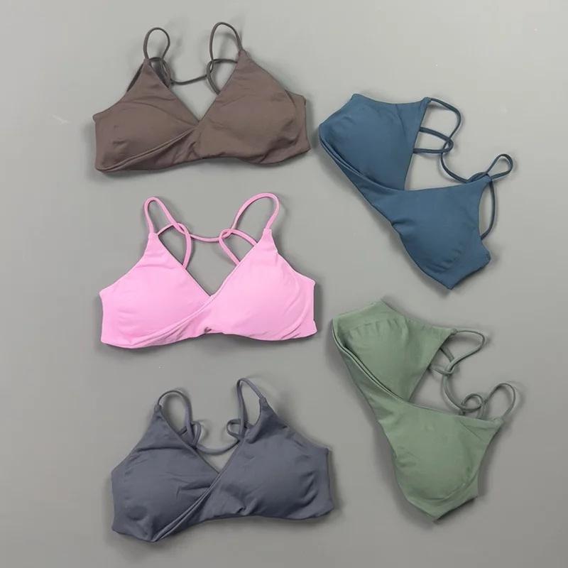Wrap Front V Neck Sports Bra Women Thin Criss Cross Back Straps Padded Seamless Soft Breathable Yoga Pilates Workout Bra