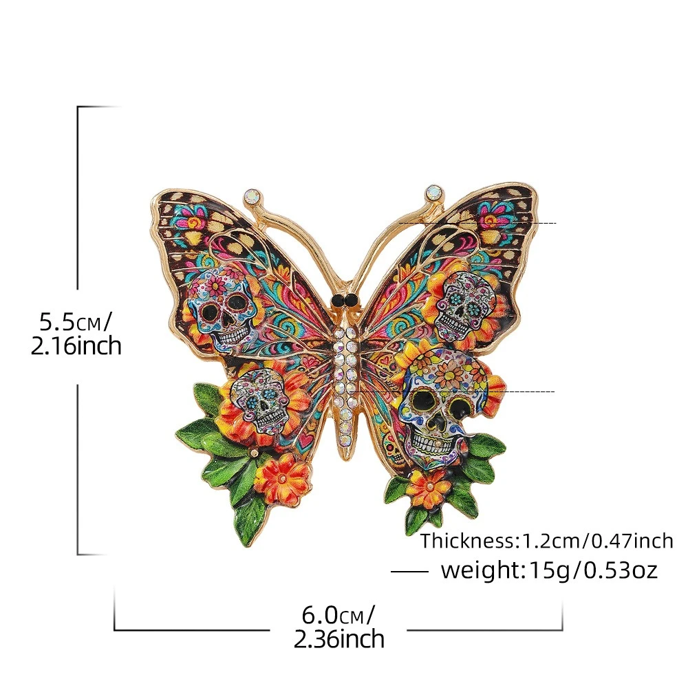 Day of The Dead Sugar Skull Butterfly Brooch Colorful Enamel Floral Skeleton Pins Gothic Halloween Badge Clothes Accessory Party