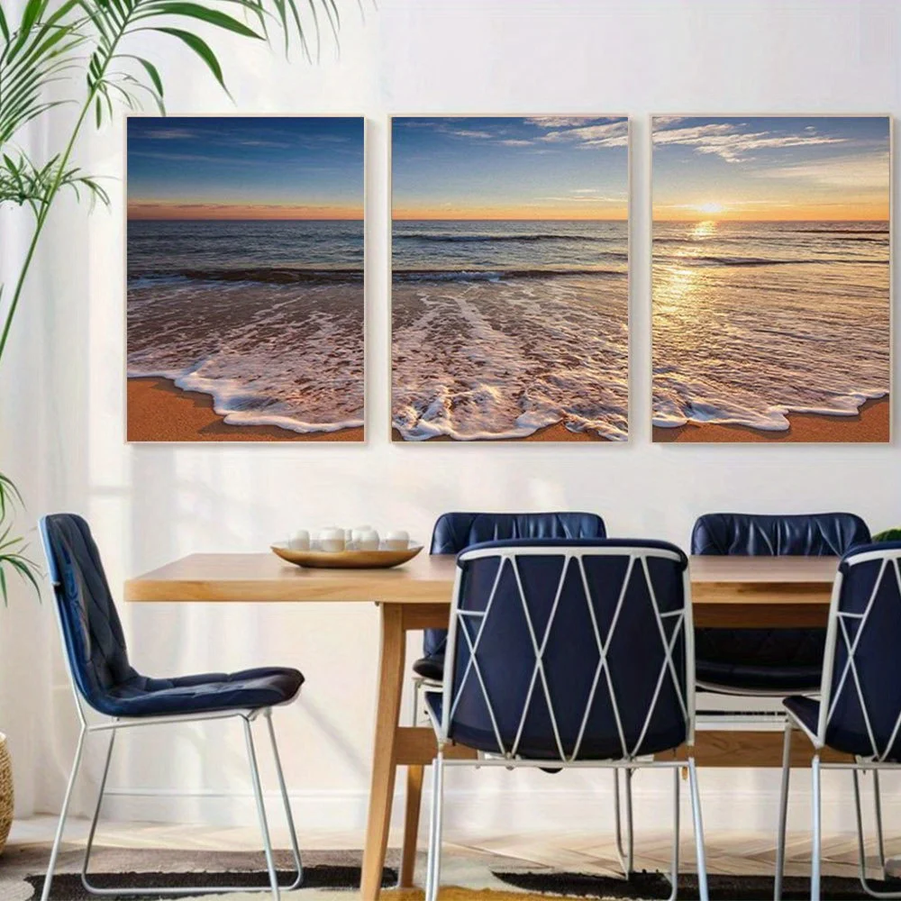 Set of 3 Unframed Canvas Artworks Featuring a Stunning Sunrise Over The Sea with a Beautiful Cloudscape, Perfect for Modern H